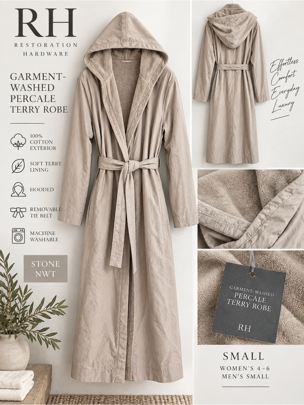 Restoration Hardware Garment-Washed Percale Terry Hooded Robe Small NWT
